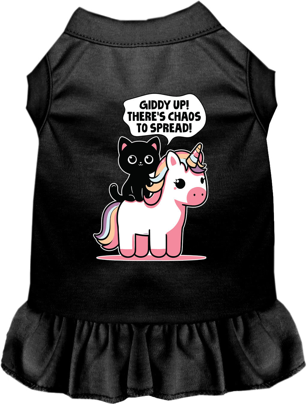 Black pet dress with black ruffle hem and unicorn-cat graphic on front