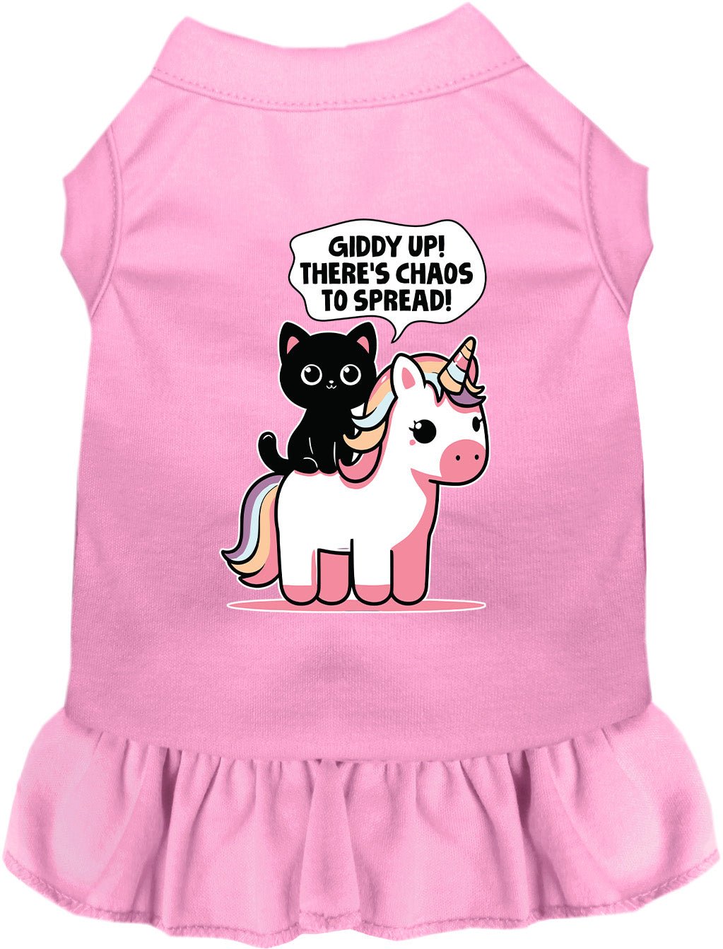 Pink pet dress with pink ruffle hem and unicorn-cat graphic on front