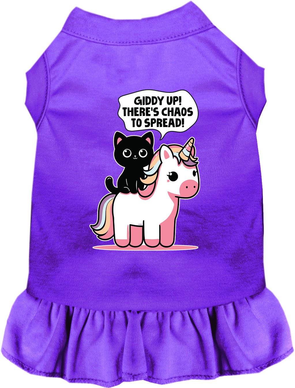 Purple pet dress with purple ruffle hem and unicorn-cat graphic on front