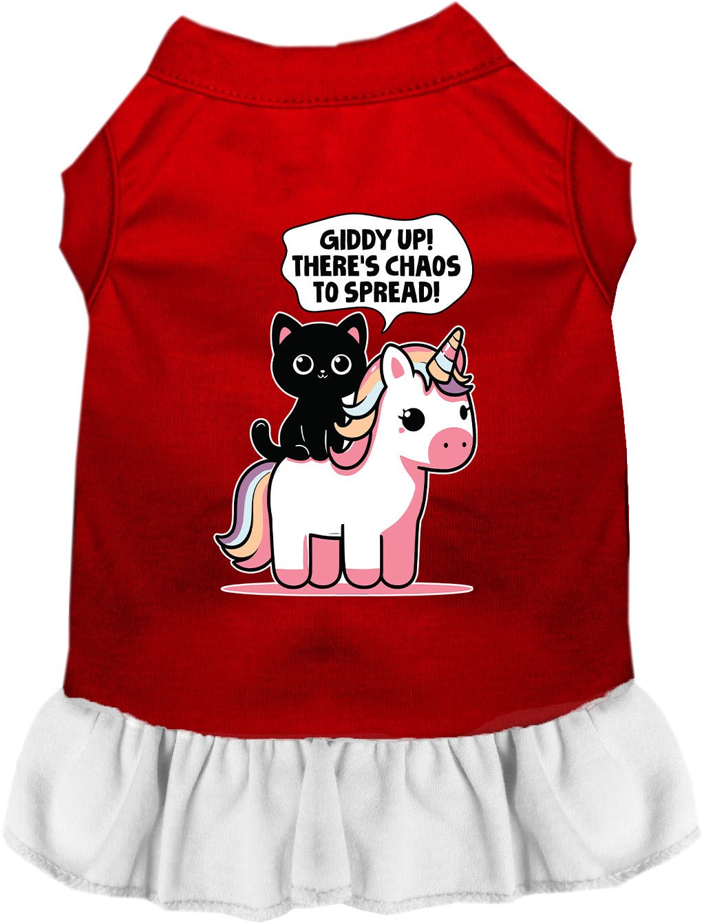 Red pet dress with white ruffle hem and unicorn-cat graphic on front