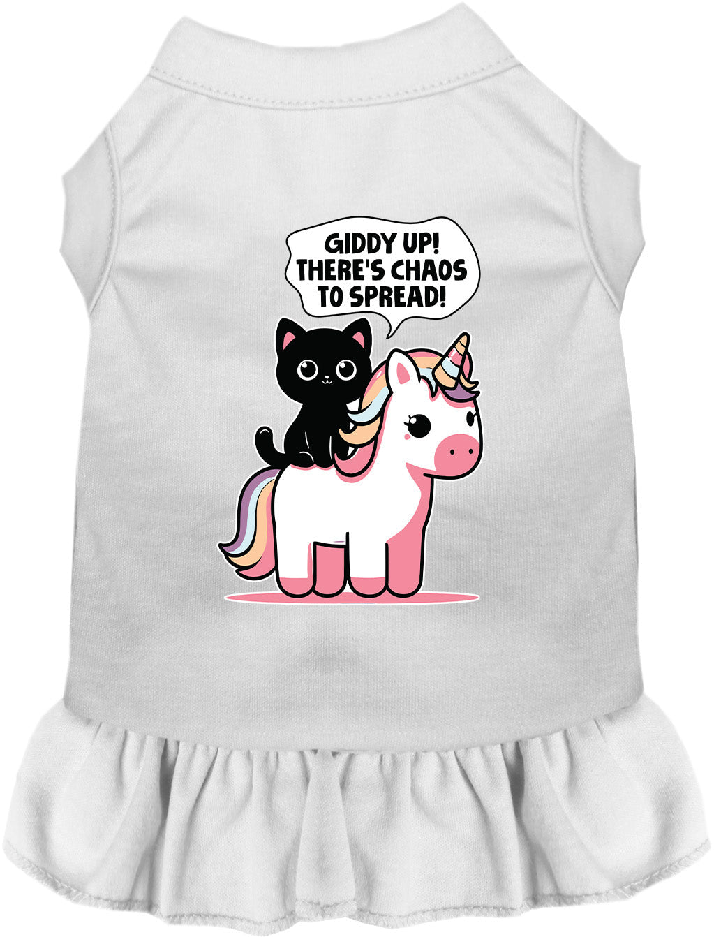 White pet dress with white ruffle hem and unicorn-cat graphic on front