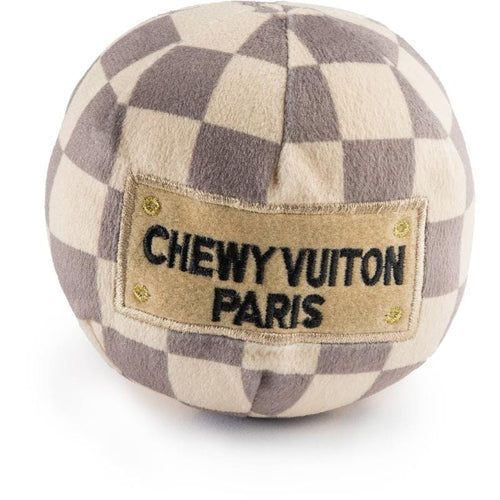 Plush squeak dog ball, beige and gray checkered, with CHEWY VUITON PARIS patch