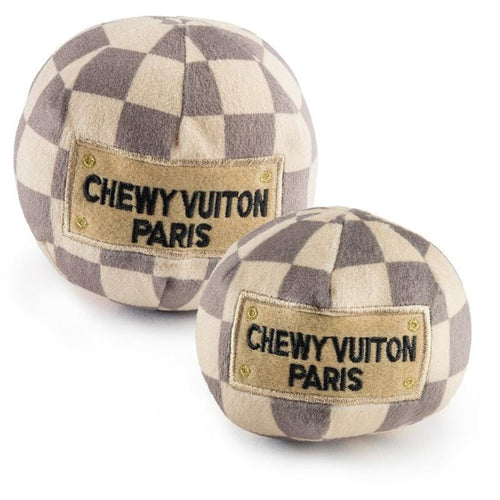 Set of 2 plush squeak dog balls in beige and gray checker with CHEWY VUITON PARIS patches