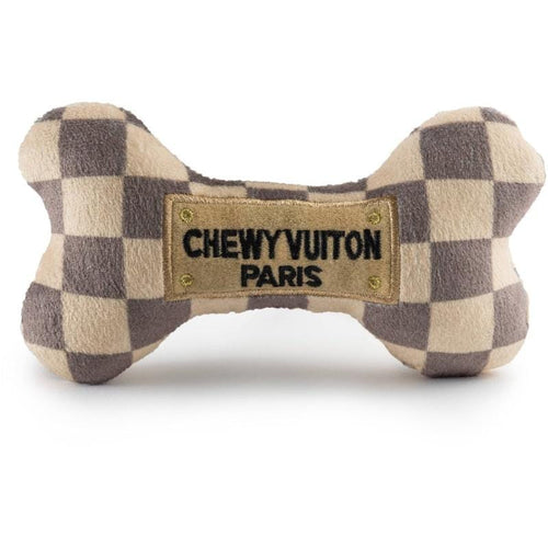 Plush squeak dog bone toy with beige and dark checker pattern and Paris patch