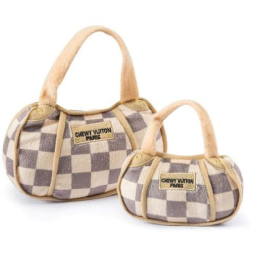 Two plush checkered handbag dog toys, small and large, with handles and front logo patches