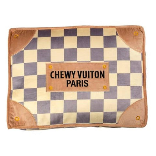 Checker pet bed with tan trim and checkered top, CHEWY VUITON PARIS label