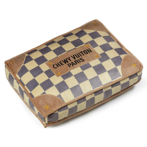 Checker pet bed with tan corner pads and checkered cushion, CHEWY VUITON PARIS