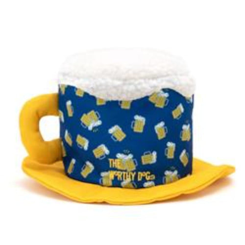 Pet beer-themed party hat: blue patterned cup, white fuzzy rim, yellow brim