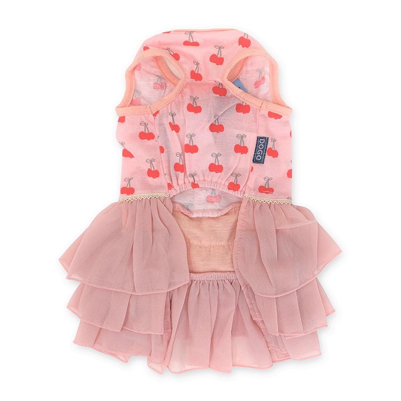 Pink cherry print pet dress, back view, with bow detail and layered ruffle hem