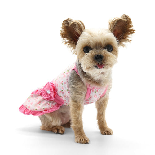 Pink heart-print pet dress with layered ruffle hem and pink neckline trim