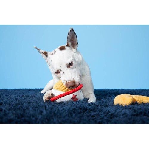 Dog playing with white fortune cookie plush on red rope