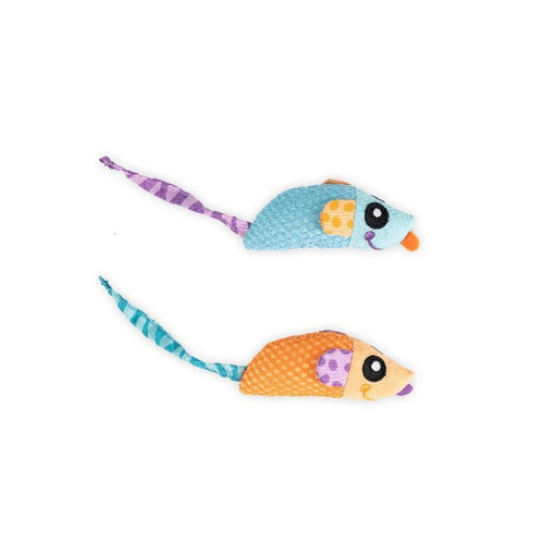 Pair of plush cat mice toys, blue and orange with purple tails