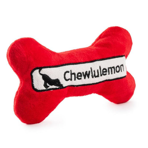 Red plush bone dog toy with Chewlulemon logo patch