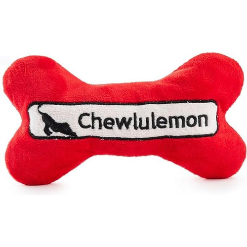 Red plush bone dog toy with Chewlulemon logo band across center