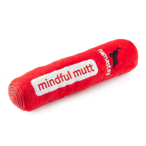 Red plush squeak dog toy log with mindful mutt label and small silhouette icon