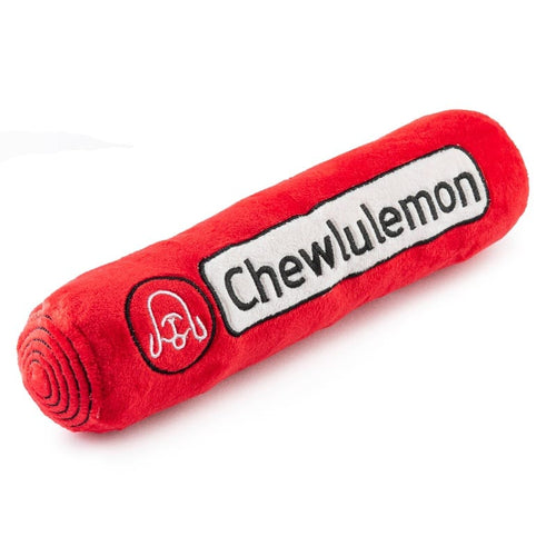 Red plush squeak dog toy log with Chewlulemon label and paw print badge