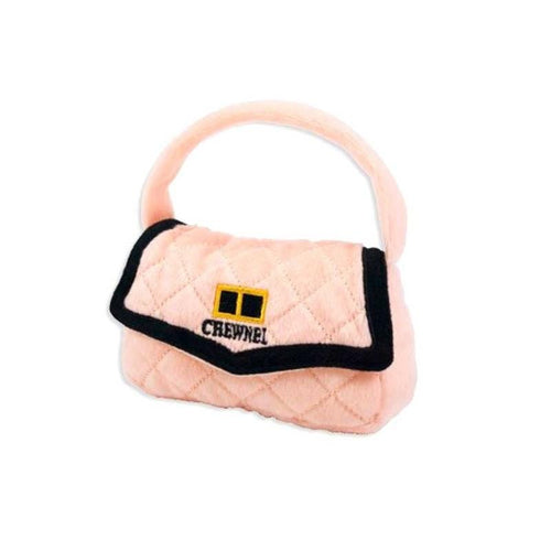 Plush dog toy handbag with blush pink quilted fabric, black trim, handle, CHEWNEL patch
