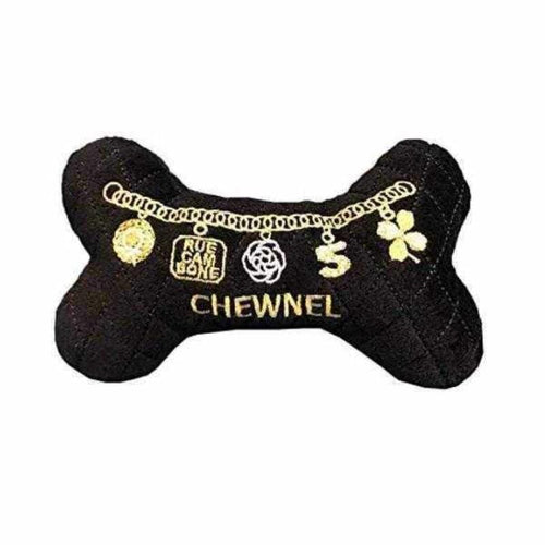 Black plush bone-shaped dog squeak toy with Chewnel logo and gold embroidery