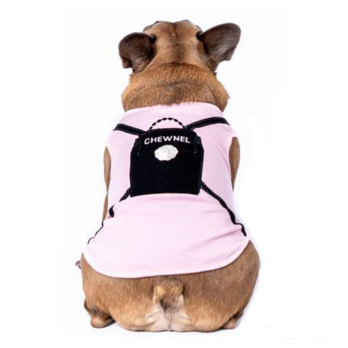 Chewnel embroidered pet tee in light pink with black front patch and stitched logo
