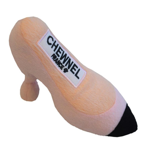 Plush dog shoe toy, light tan with black toe and Chewnel tag