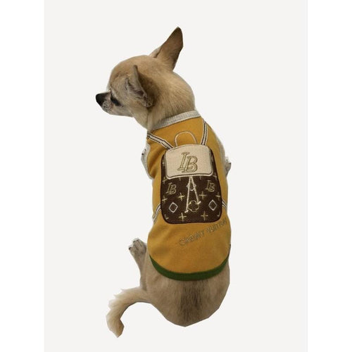 Bronze dog tee with built-in backpack front, gold trim and large letter logo