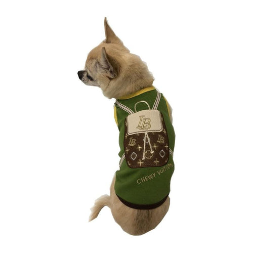 Olive dog tee with built-in backpack front, white outlined emblem and brown pocket
