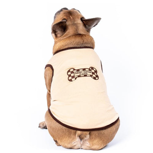 Pet dog tee in cream with embroidered checkered bone patch on chest