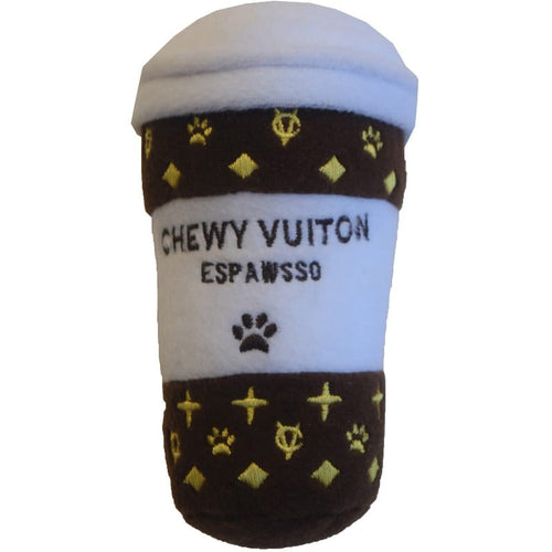 Plush squeak dog toy shaped like a bottle, gray with paw-print logo and dark band
