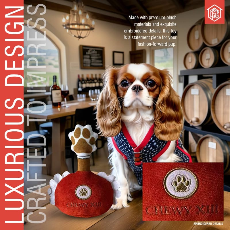Chewy XIII Plush Bottle Squeaky Dog Toy Fursace Luxury Dog Plush Toy - Red Squeaky | Cookies Wagging Friends Boutique Cookies Wagging Friends Boutique