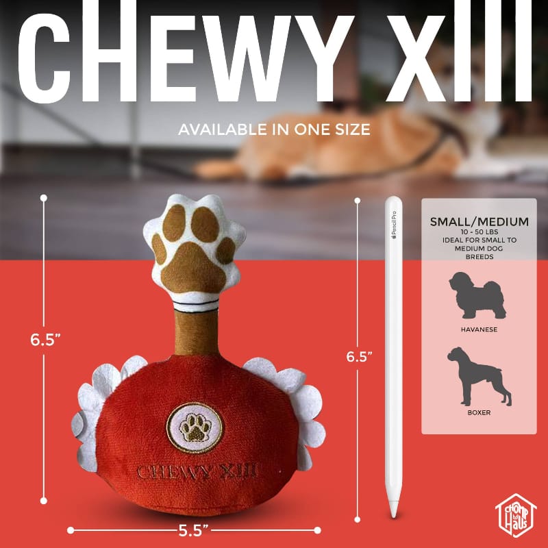 Chewy XIII Plush Bottle Squeaky Dog Toy Fursace Luxury Dog Plush Toy - Red Squeaky | Cookies Wagging Friends Boutique Cookies Wagging Friends Boutique