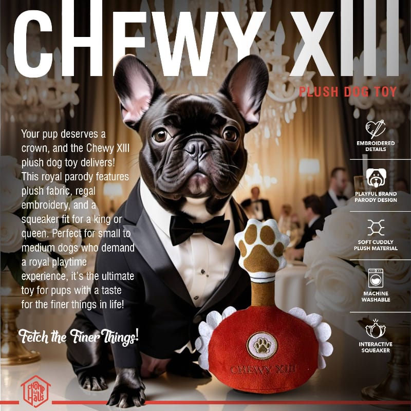 Chewy XIII Plush Bottle Squeaky Dog Toy Fursace Luxury Dog Plush Toy - Red Squeaky | Cookies Wagging Friends Boutique Cookies Wagging Friends Boutique