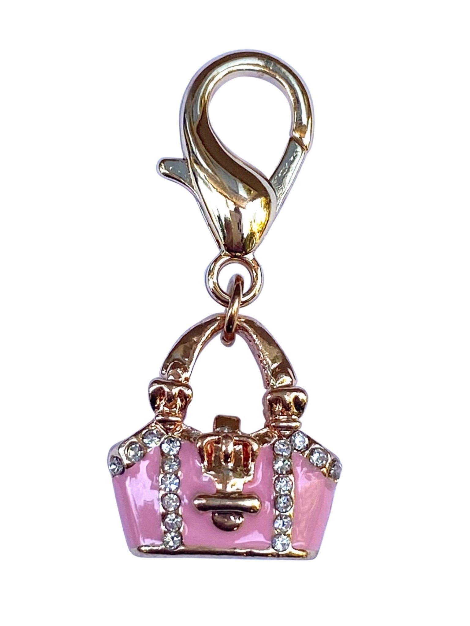 Purse dog collar charm, pink enamel handbag with crystal trim and metal ring