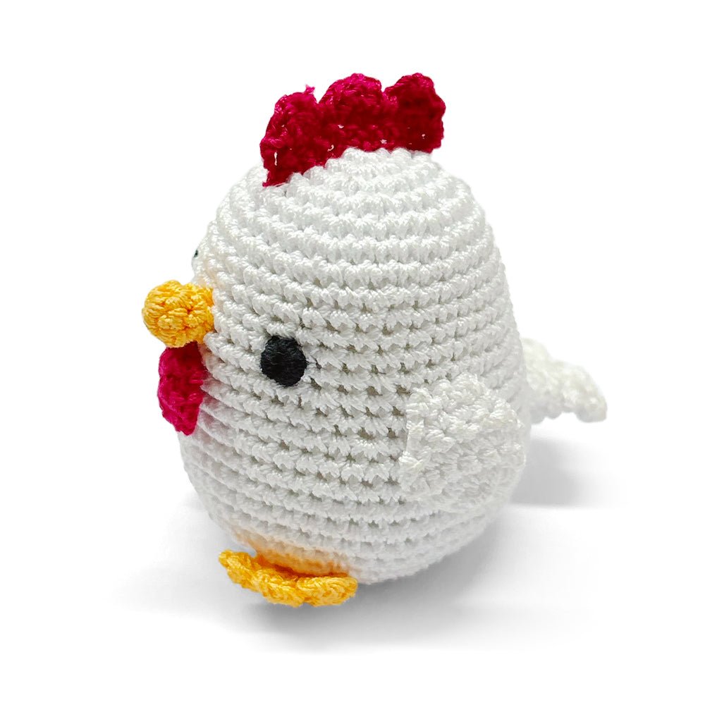 Crochet chicken toy, white with red comb and side wing, black eyes, orange beak