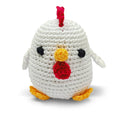 Crochet chicken toy with white body, red comb and wattle, orange beak and feet