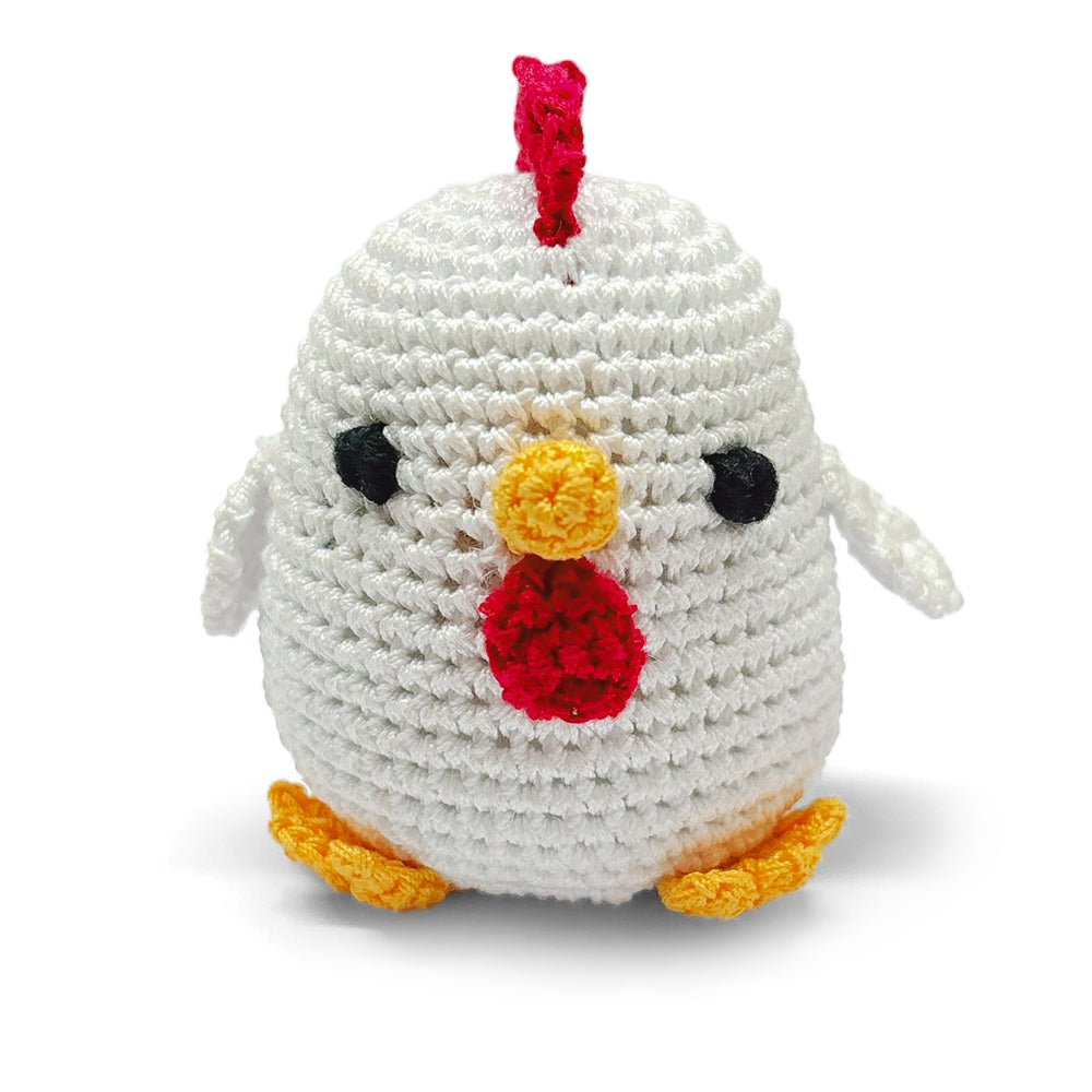 Crochet chicken toy with white body, red comb and wattle, orange beak and feet