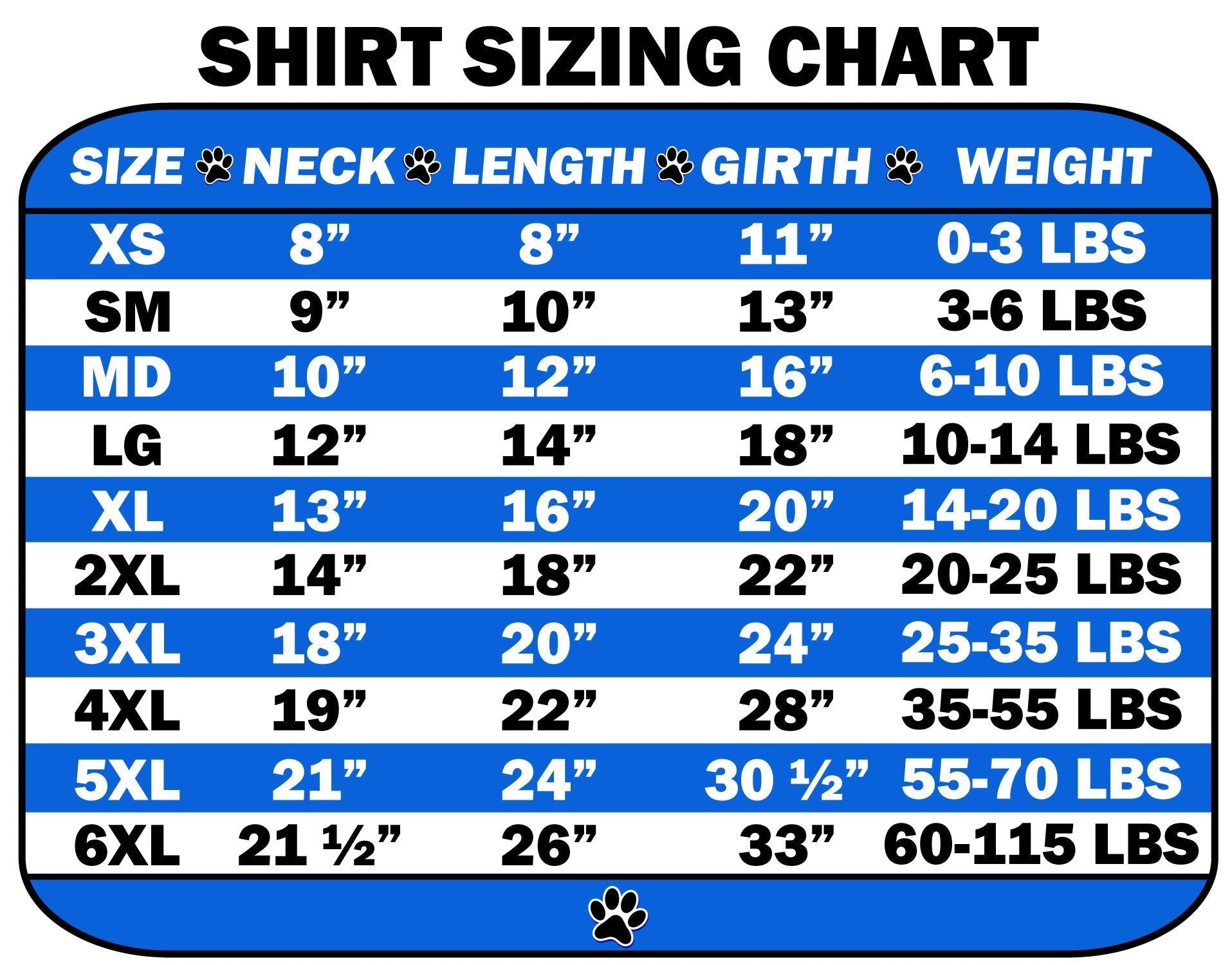 Dog and cat shirt sizing chart with size, neck, length, girth, and weight measurements