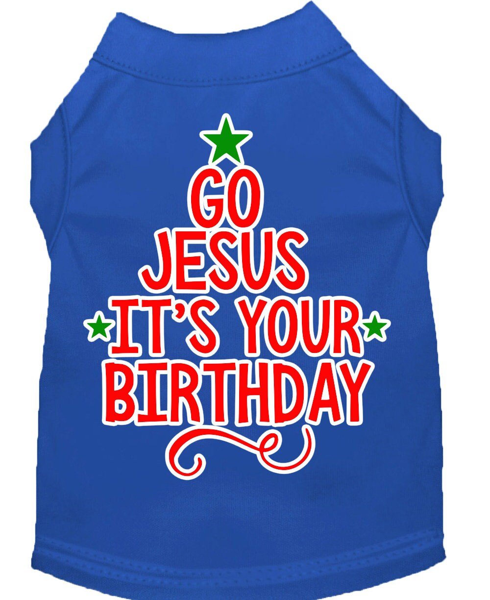 Blue pet T-shirt with “Go Jesus, It’s Your Birthday” screen print and green star accents