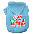 Light blue pet hoodie with "JESUS IT'S YOUR BIRTHDAY" front graphic