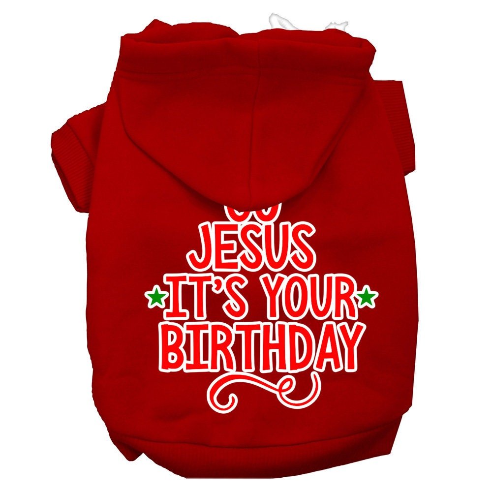 Red pet hoodie with "JESUS IT'S YOUR BIRTHDAY" front graphic