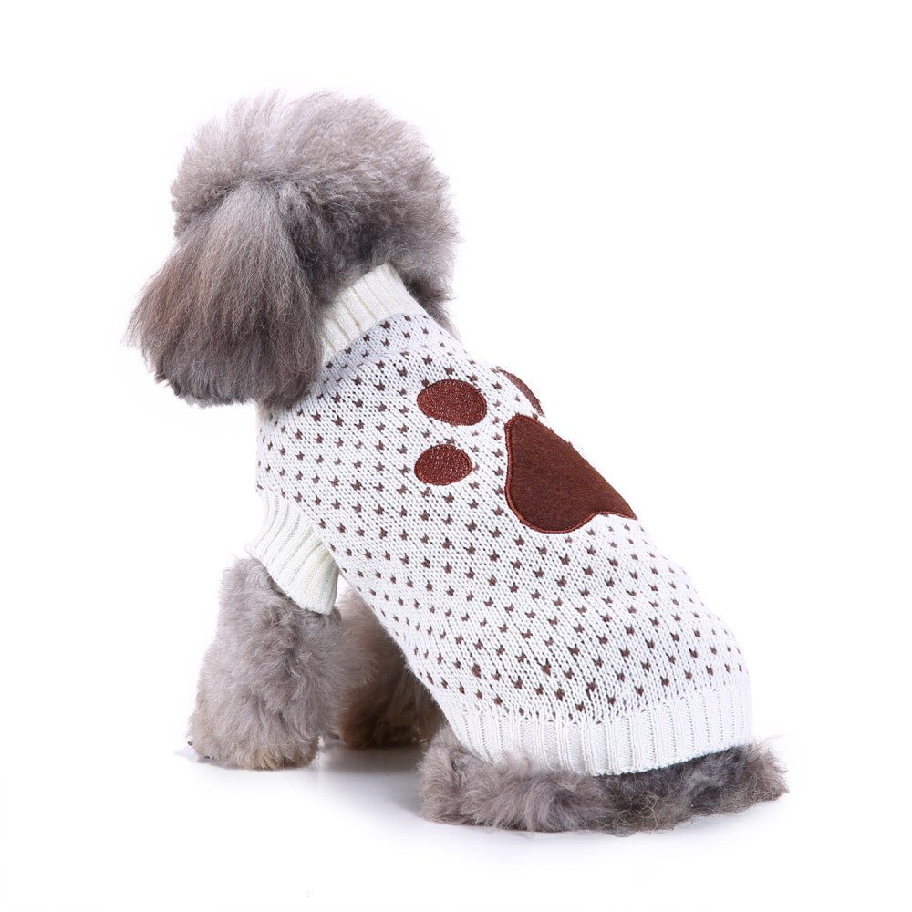 Dog sweater white knit with large brown paw graphic on back, ribbed neckline