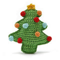 Crocheted green Christmas tree toy with colorful pom ornament balls and star topper.