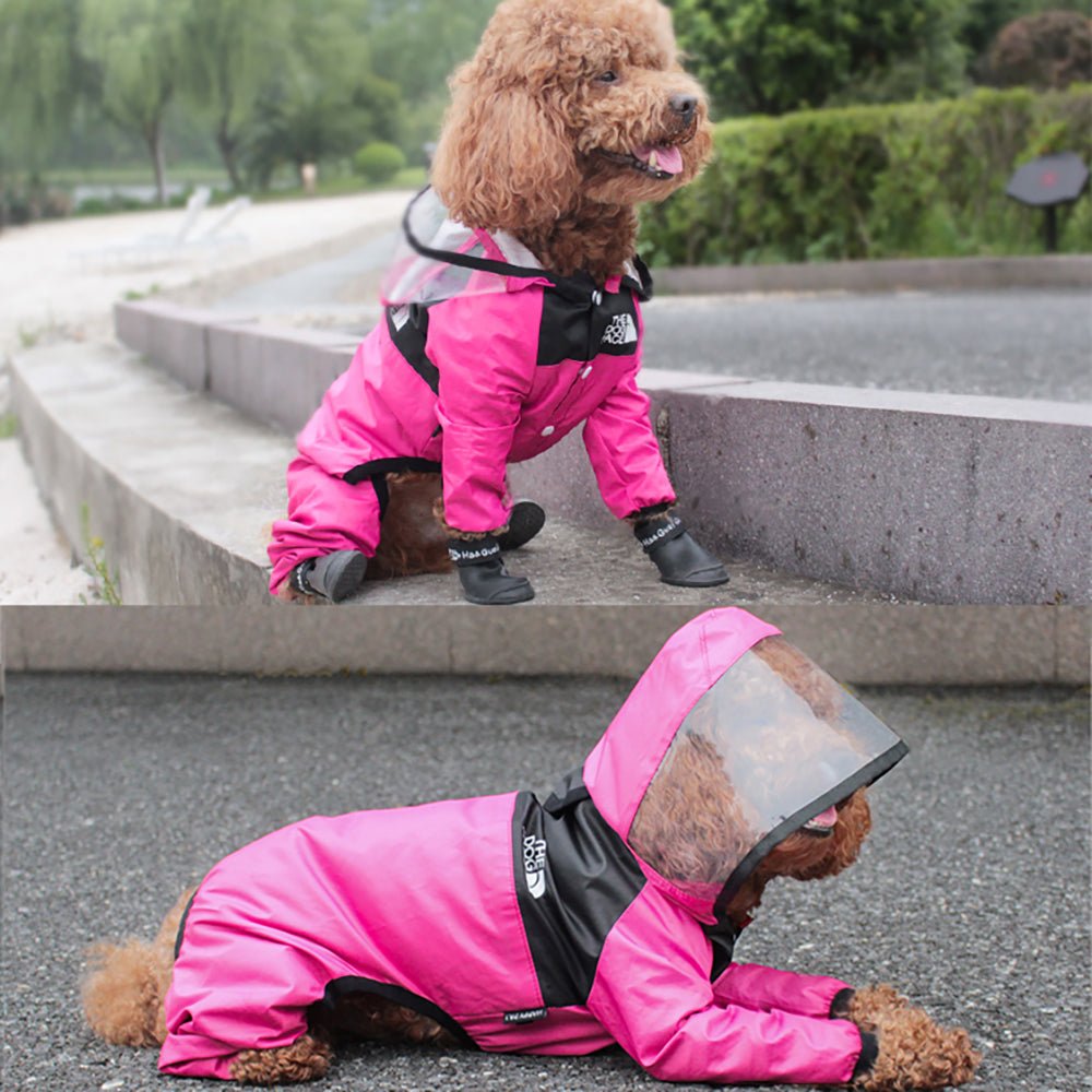 Pink and black pet rain poncho with clear hood panel and full-body coverage