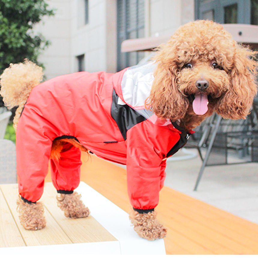 Red and black pet rain poncho with hood and full-body leg openings