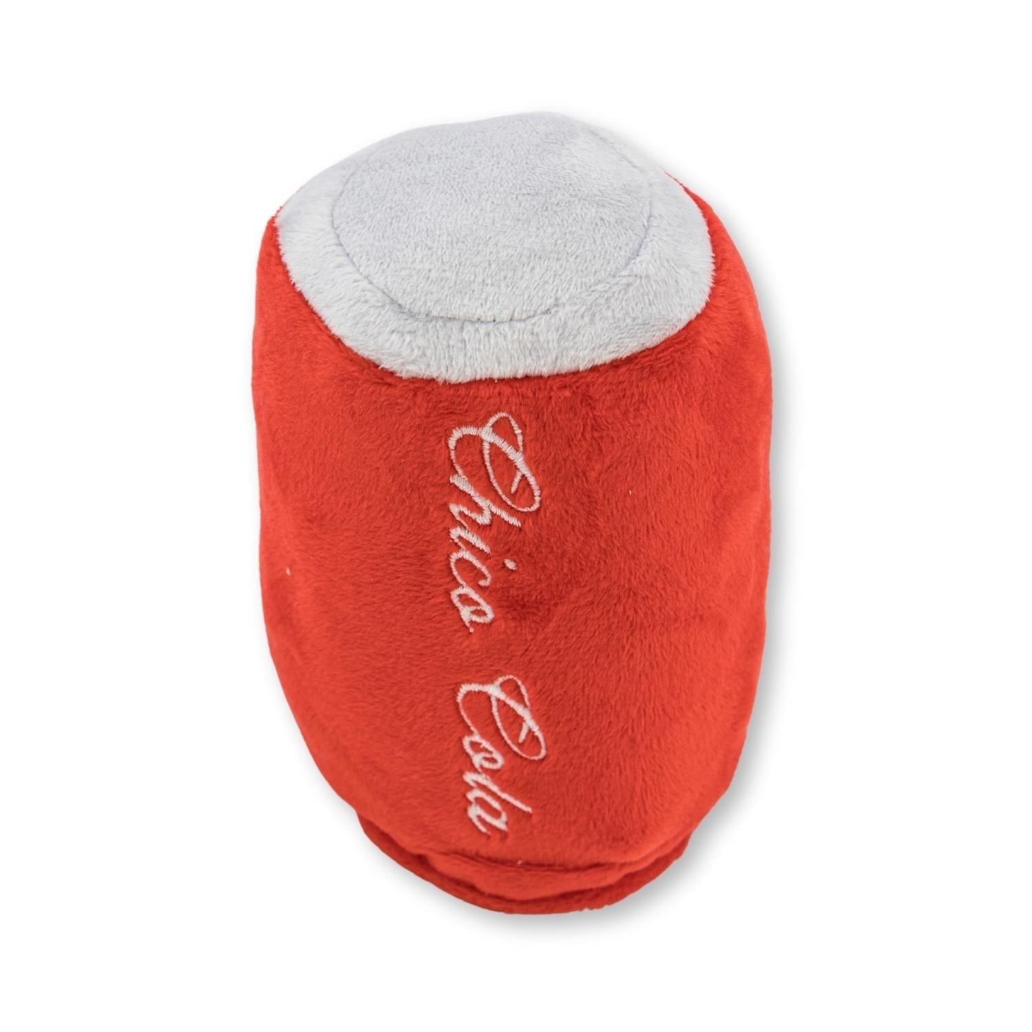 Back view of red cola plush dog toy with white embroidered text and gray top