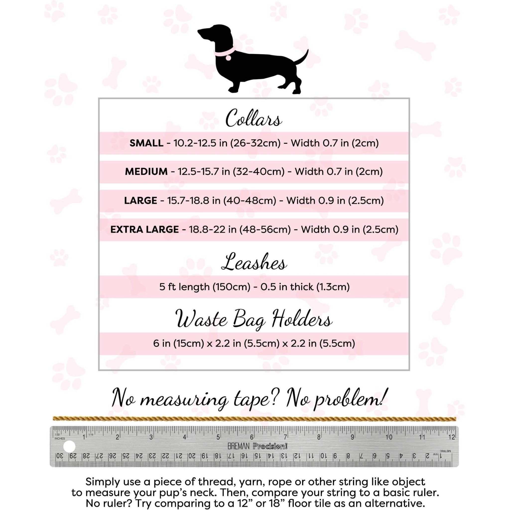 Dog collar size chart with small, medium, large, and extra-large measurements
