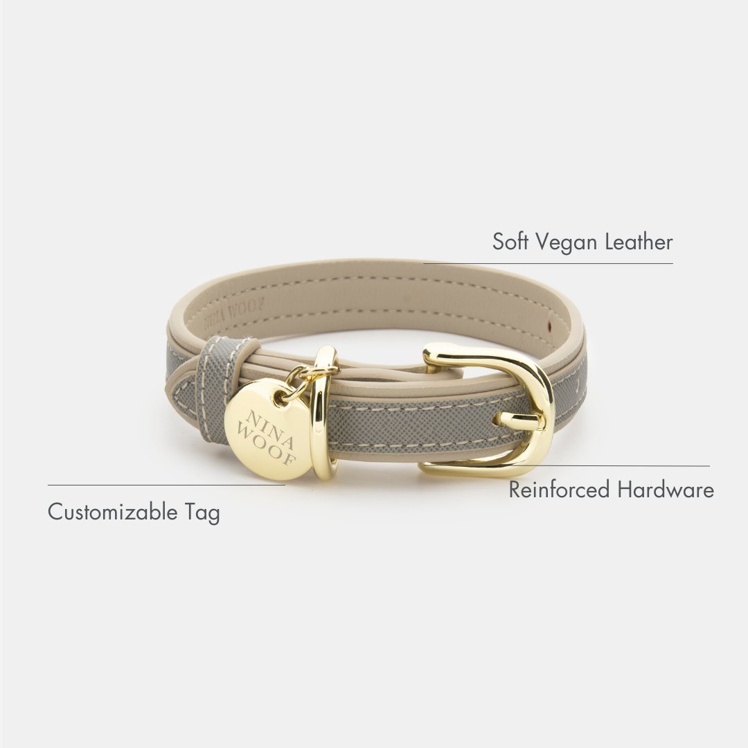 Grey dog collar in vegan leather with gold buckle and custom tag loop detail