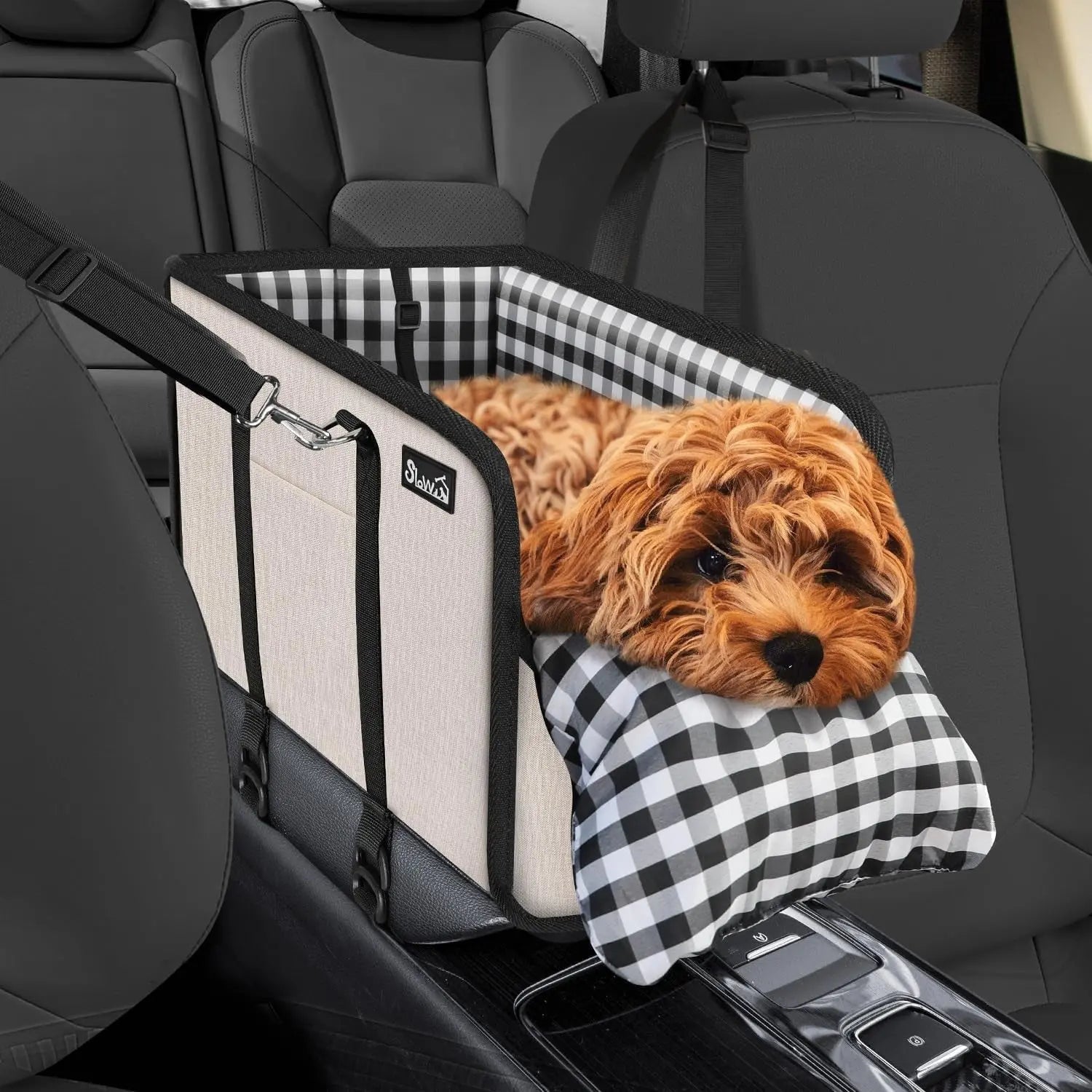 Grey and black dog car seat booster with checkered cushion and safety strap