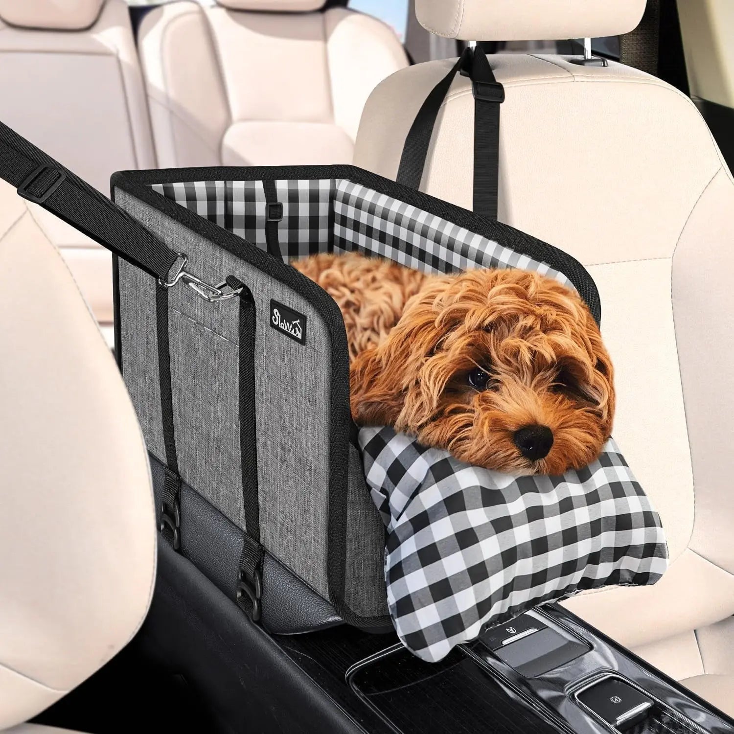 Grey-console dog seat booster with black straps and black-checkered cushion pillow