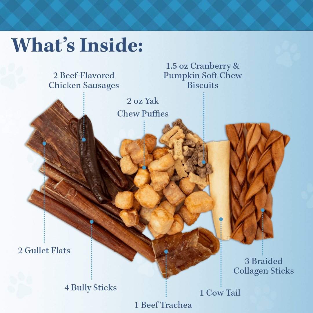 Variety pack contents graphic showing multiple dog treat pieces and serving amounts