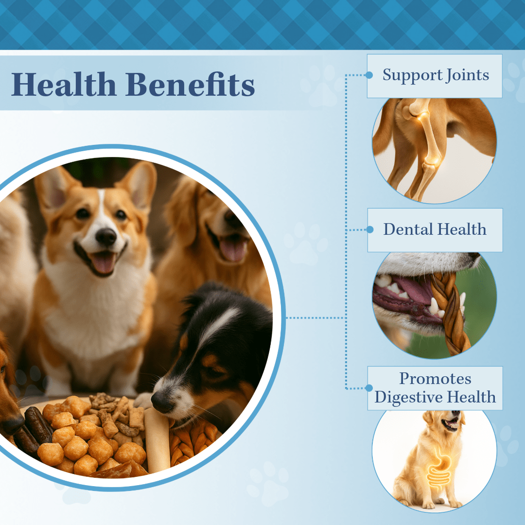 Dog treat health benefits infographic with dog photos and joint, dental, digestion icons